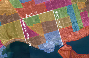 map of mutual aid area bounded by bathurst, bloor, lake ontario and roncesvalles