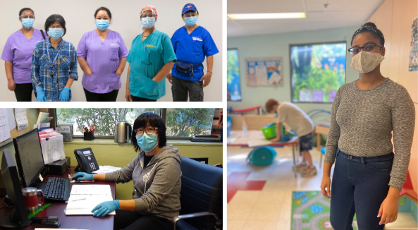 PSWs in protective gear are lined up at West Lodge, a computer worker is masked at 248 ossington, and an after school worker in a mask in the program space