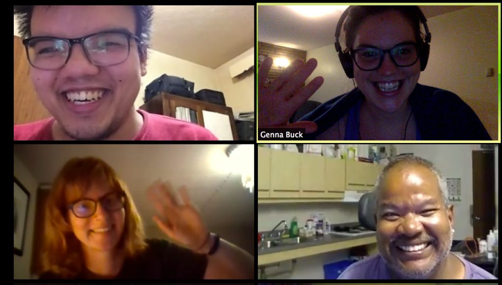 Four adult learning participants wave at the end of a class on Zoom during COVID-19