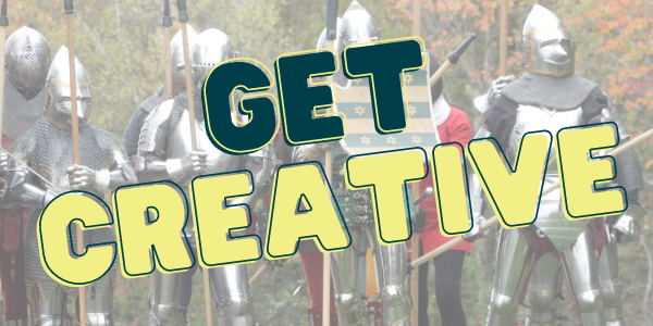 people dressed up in medieval gear to raise money for west neighbourhoood house and the words "get creative"
