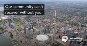 Toronto skyline with the words "our community can't recover without you