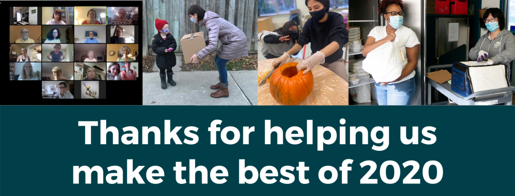 b of people doing work in masks -- halloween, christmas gifts, zoom, answering phones, with text "thanks for helping us make the best of 2020"