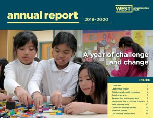 cover image of the annual report with table of contents and picture of after school participants playing lego