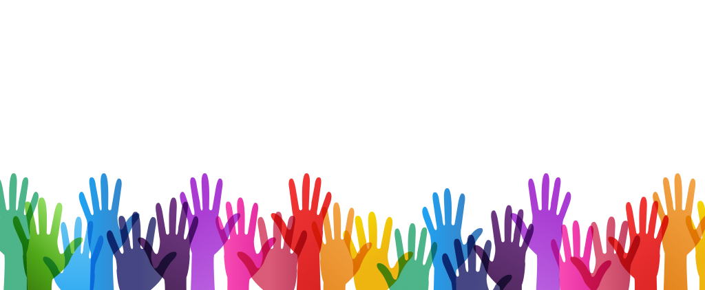 A row of colourful hands are raised in a row