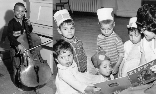 Two black and white photos of the early days of West Neighbourhood House - a staff member reading to children and a boy playing a cello