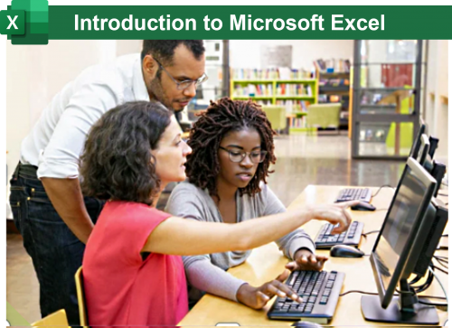A label reading Introduction to Microsoft Excel about a photo of 3 people around a computer.