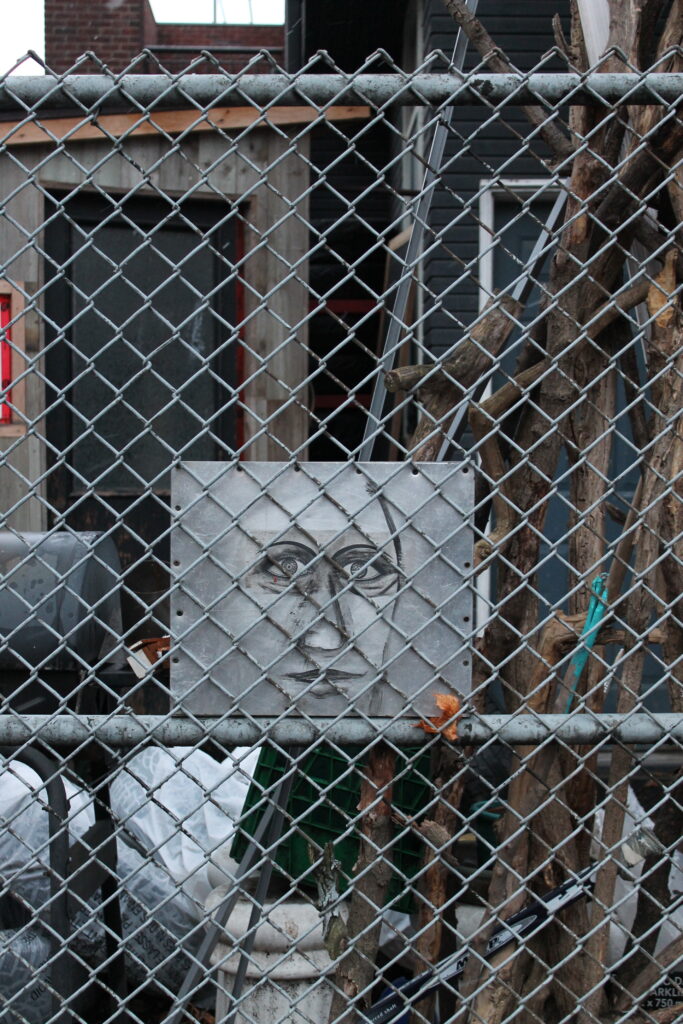 A painting of a face behind a fence